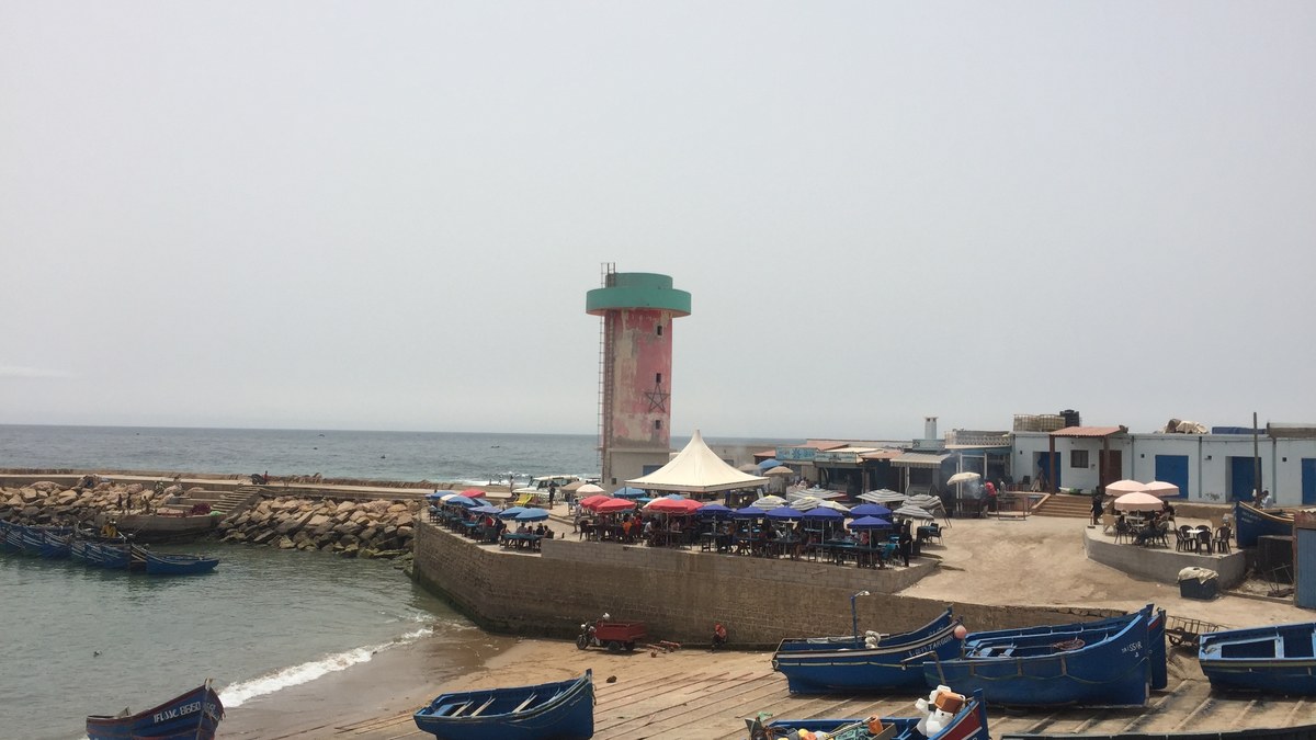 blue fishing boats and grilled fish restaurants at Imsouane harbour on an Agadir to Imsouane day trip