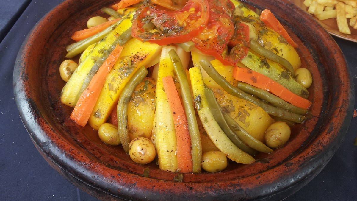 vegetable tagine in a clay dish at one of the cheap restaurants in Agadir locals choose for lunch