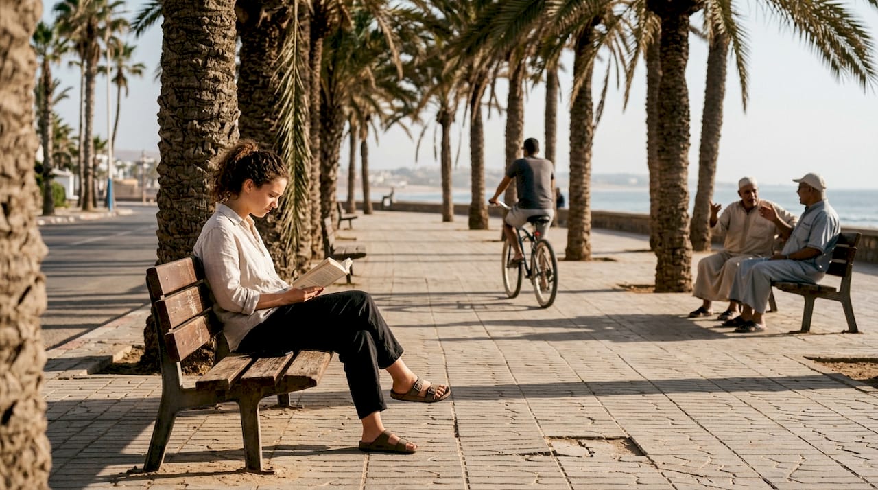 Woman reading on shaded promenade bench
