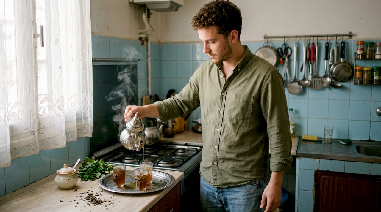 Man pouring traditional Moroccan mint tea